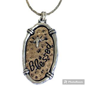 Cross BLESSED Pendant Necklace Copper Silver Plated 18" Christian Message